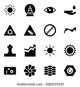 Solid vector icon set - sun vector, snowball tree, eye, drop hand, round motion road sign, multi lane traffic, no limit, chart point arrow, winner, growth, photo, flower, carbon, nut