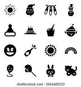 Solid vector icon set - sun vector, santa claus, garland, snowman, christmas hat, cake, champagne, elf, money smile, fizz opening, rainbow, balloon, horse stick toy, rabbit, cat