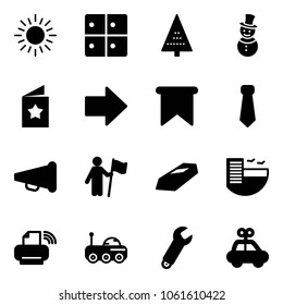 Solid vector icon set - sun vector, baggage room, christmas tree, snowman, star postcard, right arrow, flag, tie, speaker horn, win, gold, hotel, printer wireless, moon rover, wrench, car toy