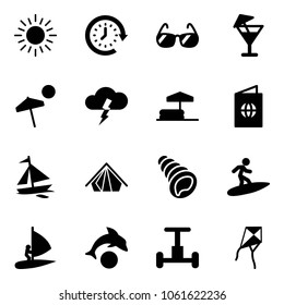 Solid vector icon set - sun vector, clock around, sunglasses, drink, beach, storm, inflatable pool, passport, sail boat, tent, shell, surfing, windsurfing, dolphin, gyroscope, kite
