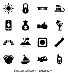 Solid vector icon set - sun vector, lock, garland, sleigh gift, mobile payment, money bag, drink, rainbow, mountains, cpu, ruler, protect glass, sailboat toy, plane, phone
