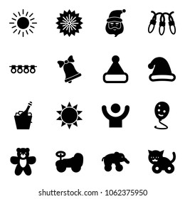 Solid vector icon set - sun vector, firework, santa claus, garland, bell, christmas hat, champagne, success, balloon smile, bear toy, baby car, elephant wheel, cat