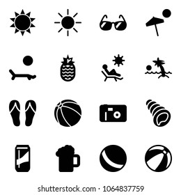 Solid vector icon set - sun vector, sunglasses, beach, lounger, pineapple, palm, flip flops, ball, photo, shell, drink, beer