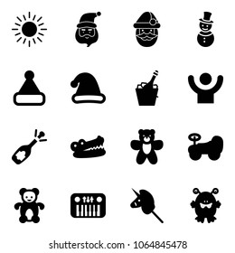 Solid vector icon set - sun vector, santa claus, snowman, christmas hat, champagne, success, fizz opening, crocodile, bear toy, baby car, piano, unicorn stick, monster