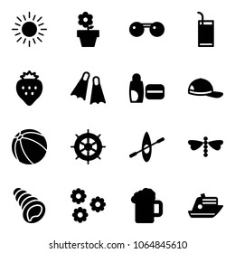 Solid vector icon set - sun vector, flower pot, sunglasses, drink, strawberry, flippers, uv cream, cap, ball, hand wheel, kayak, dragonfly, shell, beer, cruiser