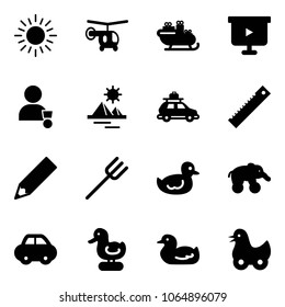 Solid vector icon set - sun vector, helicopter, santa sleigh, presentation board, winner, pyramid, car baggage, ruler, pencil, farm fork, duck toy, elephant wheel