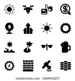 Solid vector icon set    sun vector  christmas deer  tonometer  money click  tree  arrows up  reading  palm  dragonfly  beer  power  binary code  satellite  carbon