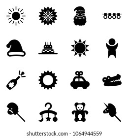 Solid vector icon set - sun vector, firework, santa claus, garland, christmas hat, cake, success, fizz opening, car toy, crocodile, horse stick, baby carousel, bear, unicorn