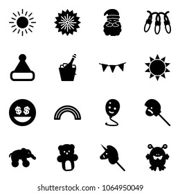 Solid vector icon set - sun vector, firework, santa claus, garland, christmas hat, champagne, flag, money smile, rainbow, balloon, horse stick toy, elephant wheel, bear, unicorn, monster