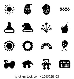 Solid vector icon set - sun vector, santa claus, garland, christmas hat, firework, champagne, rainbow, balloon smile, baby car, elephant wheel, bear toy, piano