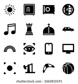 Solid vector icon set - sun vector, safe, globe, music, chess tower, crown, limousine, rainbow, eye scanner, mobile phone, monitor, record button, oil derrick, boomerang, basketball