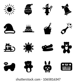 Solid vector icon set - sun vector, santa claus, bell, christmas hat, cake, champagne, sleigh gift, crocodile, bear toy, baby car, rabbit, piano