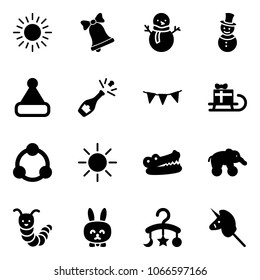 Solid vector icon set - sun vector, bell, snowman, christmas hat, champagne, flag garland, sleigh gift, community, crocodile, elephant wheel, toy caterpillar, rabbit, baby carousel, unicorn stick