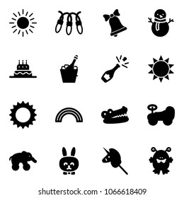 Solid vector icon set - sun vector, garland, bell, snowman, cake, champagne, rainbow, crocodile, baby car, elephant wheel, toy rabbit, unicorn stick, monster