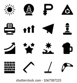 Solid vector icon set - sun vector, snowball tree, ruble, round motion road sign, printer, arrows up, paper fly, pawn, rise, stars, reading, beer, binary code, staple, rake, boomerang