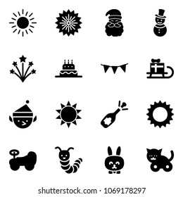 Solid vector icon set - sun vector, firework, santa claus, snowman, cake, flag garland, sleigh gift, christmas elf, fizz opening, baby car, toy caterpillar, rabbit, cat