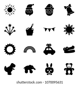 Solid vector icon set - sun vector, santa claus, bell, firework, champagne, flag garland, rainbow, car toy, crocodile, dinosaur, elephant wheel, rabbit, bear