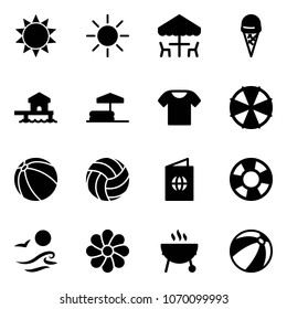 Solid vector icon set - sun vector, outdoor cafe, ice cream, bungalow, inflatable pool, t shirt, parasol, ball, volleyball, passport, lifebuoy, waves, flower, grill, beach