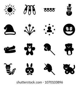 Solid vector icon set - sun vector, garland, snowman, christmas hat, firework, star man, money smile, crocodile, bear toy, horse stick, caterpillar, rabbit, unicorn, cat