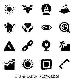 Solid vector icon set - sun vector, christmas deer, snowball tree, mountains, hat, heart care, eye, money click, turn left road sign, link, career, growth, cpu, staple