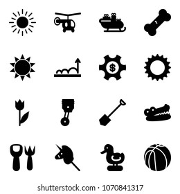 Solid vector icon set - sun vector, helicopter, santa sleigh, broken bone, growth, money managemet, tulip, piston, shovel, crocodile, fork toy, unicorn stick, duck, basketball