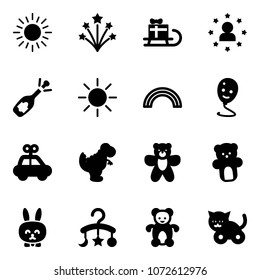 Solid vector icon set - sun vector, firework, sleigh gift, star man, fizz opening, rainbow, balloon smile, car toy, dinosaur, bear, rabbit, baby carousel, cat