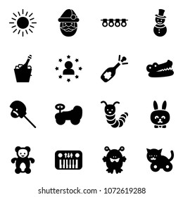 Solid vector icon set - sun vector, santa claus, garland, snowman, champagne, star man, fizz opening, crocodile, horse stick toy, baby car, caterpillar, rabbit, bear, piano, monster, cat