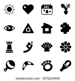 Solid vector icon set - sun vector, heart, christmas calendar, holly, eye, round motion road sign, home, puzzle, chess tower, flying man, shell, flower, beanbag, boomerang