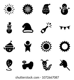 Solid vector icon set - sun vector, firework, santa claus, snowman, christmas hat, champagne, flag garland, elf, success, balloon smile, baby car, toy caterpillar, unicorn stick