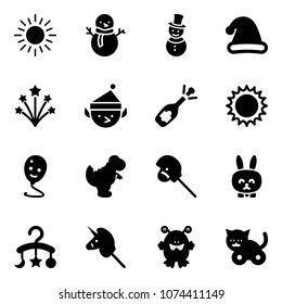 Solid vector icon set - sun vector, snowman, christmas hat, firework, elf, fizz opening, balloon smile, dinosaur toy, horse stick, rabbit, baby carousel, unicorn, monster, cat