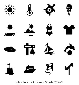 Solid vector icon set - sun vector, thermometer, sea turtle, ice cream, mat, pyramid, swimsuit, t shirt, woman hat, ship bell, sail boat, dolphin, sand castle, cruiser, kite, toy windmill