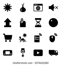 Solid vector icon set - sun vector, onion, browser globe, volume off, uplooad, attachment, sand clock, record, cart, beach, server wireless, mouse, game console, laser, playback, truck toy