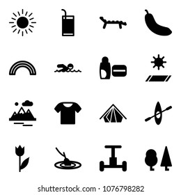 Solid vector icon set - sun vector, drink, lounger, banana, rainbow, swimming, uv cream, mat, mountains, t shirt, tent, kayak, tulip, fishing, gyroscope, forest
