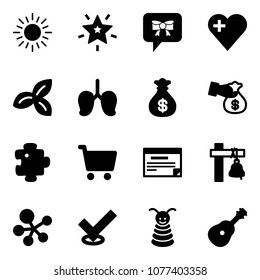 Solid vector icon set - sun vector, christmas star, bow message, heart, three leafs, lungs, money bag, encashment, puzzle, cart, schedule, ship bell, molecule, check, pyramid toy, guitar