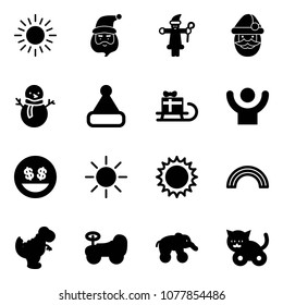 Solid vector icon set - sun vector, santa claus, snowman, christmas hat, sleigh gift, success, money smile, rainbow, dinosaur toy, baby car, elephant wheel, cat