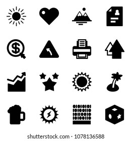 Solid vector icon set - sun vector, heart, mountains, patient card, money click, turn left road sign, printer, arrow up, growth, stars, palm, beer, power, binary code, cube toy