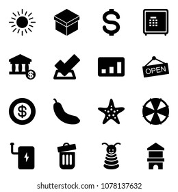 Solid vector icon set - sun vector, gift, dollar, safe, account, check, statistics, open, banana, starfish, parasol, power bank, trash bin, pyramid toy, block house