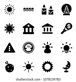 Solid vector icon set - sun vector, garland, candle, snowball tree, bank, money torch, traffic light road sign, limited distance, idea, bulb, moon flag, lamp