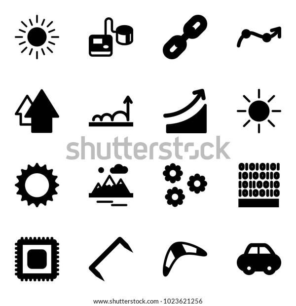 Solid vector icon set - sun vector,\
tonometer, link, chart point arrow, up, growth, rise, mountains,\
flower, binary code, cpu, staple, boomerang,\
car