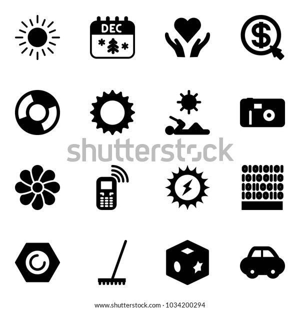 Solid vector icon\
set - sun vector, christmas calendar, heart care, money click,\
circle chart, reading, photo, flower, mobile phone, power, binary\
code, nut, rake, cube toy,\
car