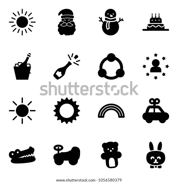 Solid vector icon set - sun vector, santa
claus, snowman, cake, champagne, community, star man, rainbow, car
toy, crocodile, baby, bear,
rabbit