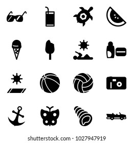 Solid vector icon set - sunglasses vector, drink, sea turtle, watermelone, ice cream, reading, uv, mat, ball, volleyball, photo, anchor, butterfly, shell, cabrio