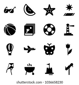 Solid vector icon set - sunglasses vector, watermelone, starfish, mat, ball, photo, lifebuoy, lighthouse, air balloon, plane, butterfly, tulip, kite, grill, sand castle, toy windmill