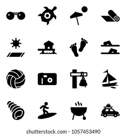 Solid vector icon set - sunglasses vector, sea turtle, beach, mat, bungalow, feet, flip flops, volleyball, photo, ship bell, sail boat, shell, surfing, grill, car baggage