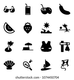Solid vector icon set - sunglasses vector, drink, coconut cocktail, banana, watermelone, strawberry, reading, palm, inflatable pool, life vest, ship bell, shell, badminton, windsurfing, kite