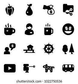 Solid vector icon set - sweet pepper vector, pear, encashment, shared folder, hot tea, manager, green, money smile, dialog, bungalow, hand wheel, forest, playback, laser lever, toy horse, bus