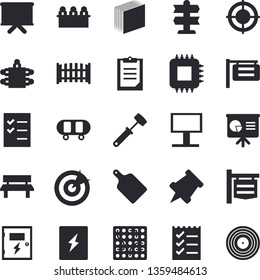 Solid vector icon set - switch box flat vector, fence, meat hammer, cutting board, bench, motherboard, signboard, billboard, flipchart, clipboard, sticker, to do list, target, meeting, presentaition