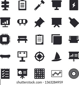 Solid vector icon set - switch box flat vector, meat hammer, cutting board, bench, motherboard, billboard, flipchart, clipboard, chart, sticker, point diagram, to do list, target, presentaition