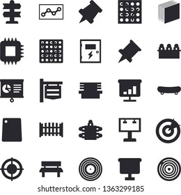 Solid vector icon set - switch box flat vector, fence, cutting board, bench, motherboard, signboard, billboard, flipchart, chart, sticker, point diagram, target, meeting, pushpin, electronic circuit