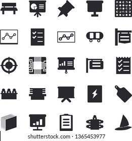 Solid vector icon set - switch box flat vector, cutting board, bench, motherboard, signboard, flipchart, clipboard, chart, sticker, point diagram, to do list, target, meeting, presentaition, pushpin